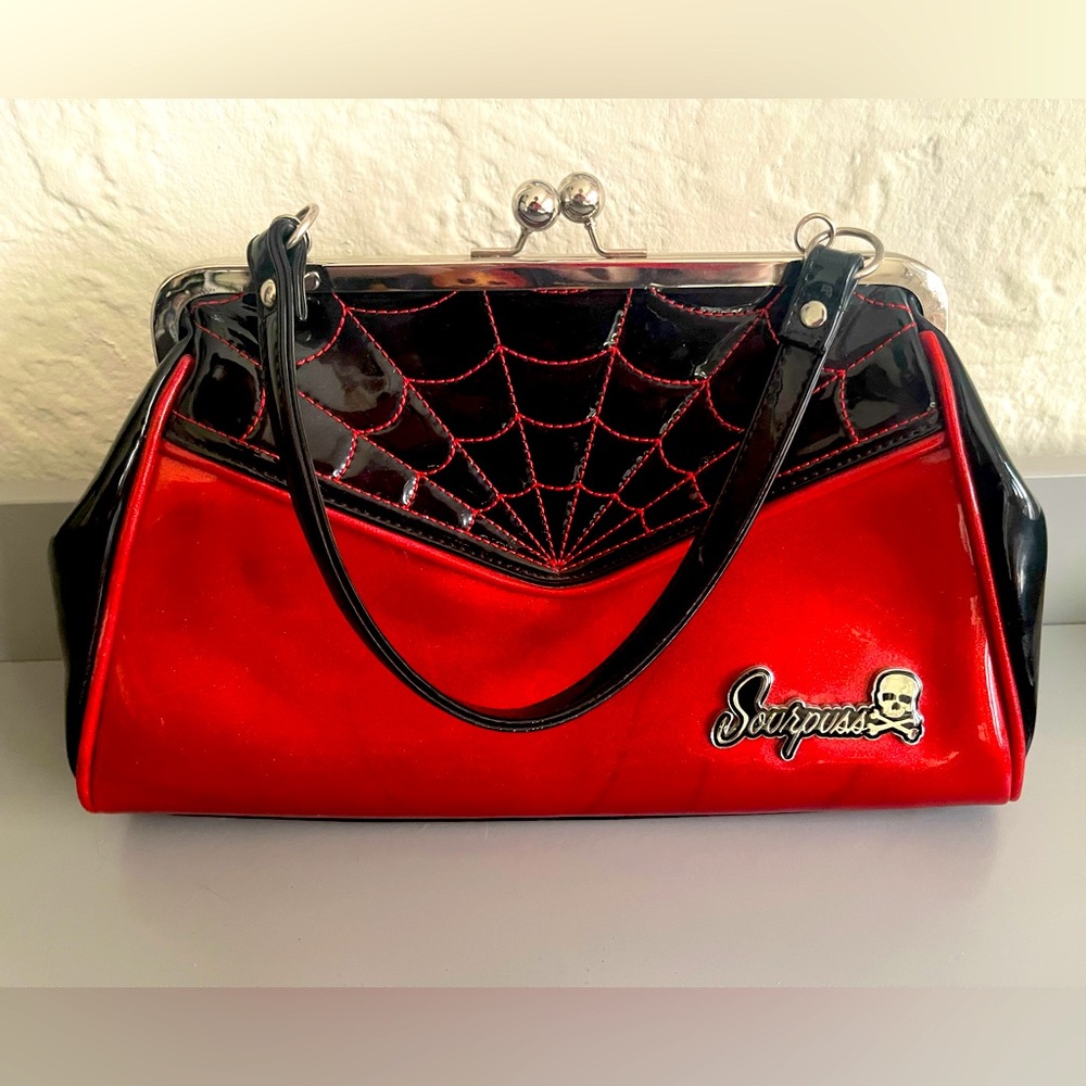 Sourpuss vinyl spiderweb detail handbag